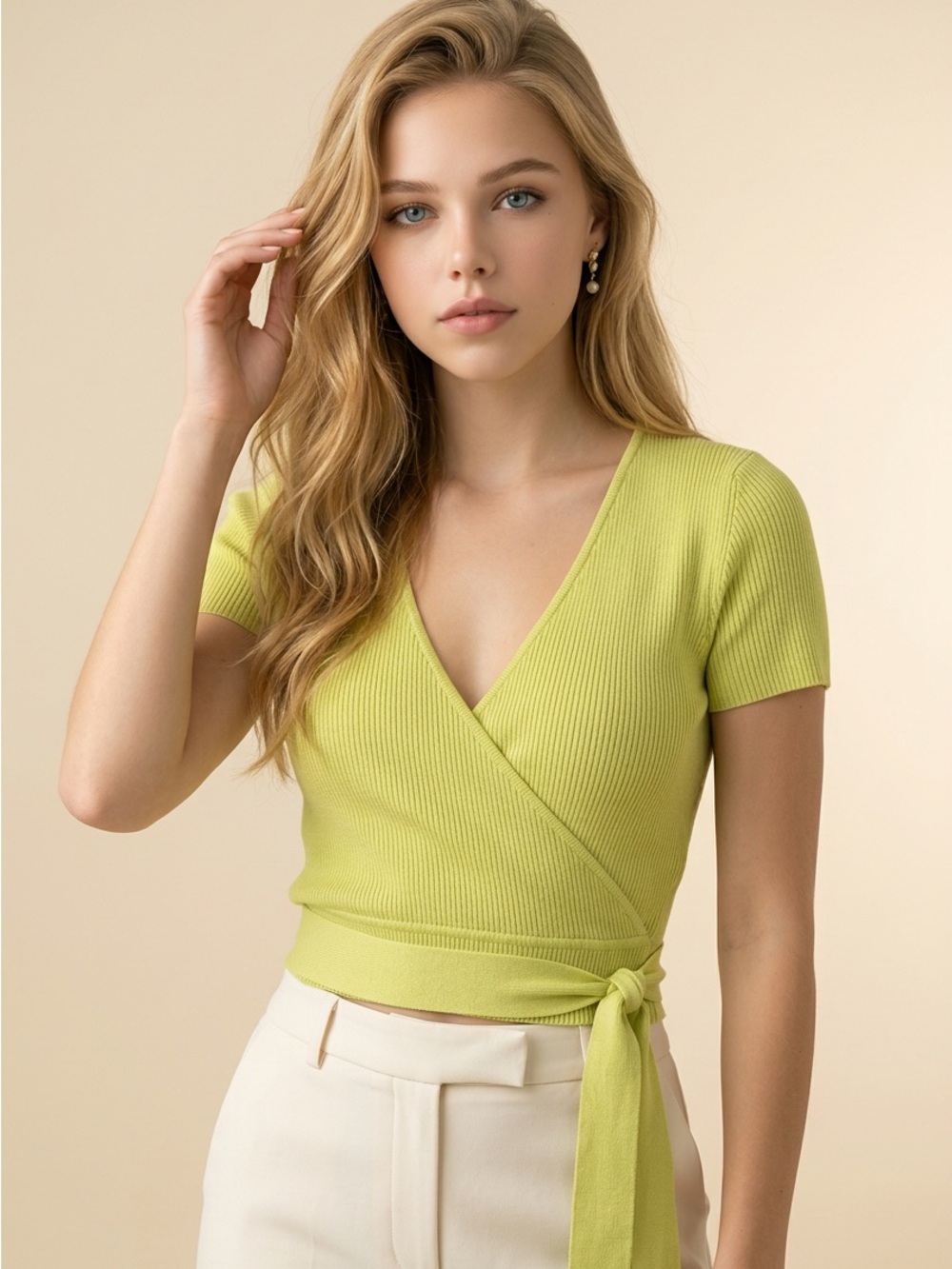 Little Moon Ribbed Wrap Knit Top | Size XS | Fitted Side-Tie Sweater Tee